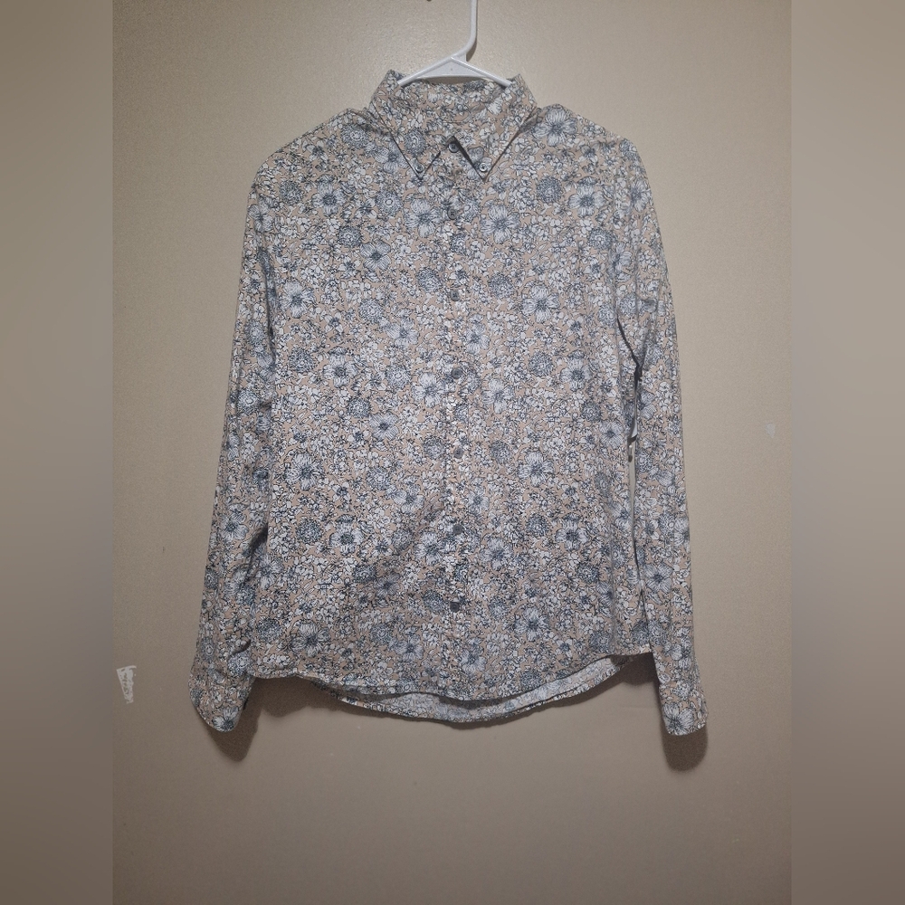 Express Beige and Gray Floral Men's Long Sleeve Button-up Shirt